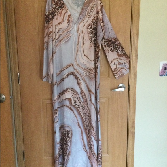 Full Length Dress Marble Print Long Pullover V-neck Dress - Picture 2 of 2